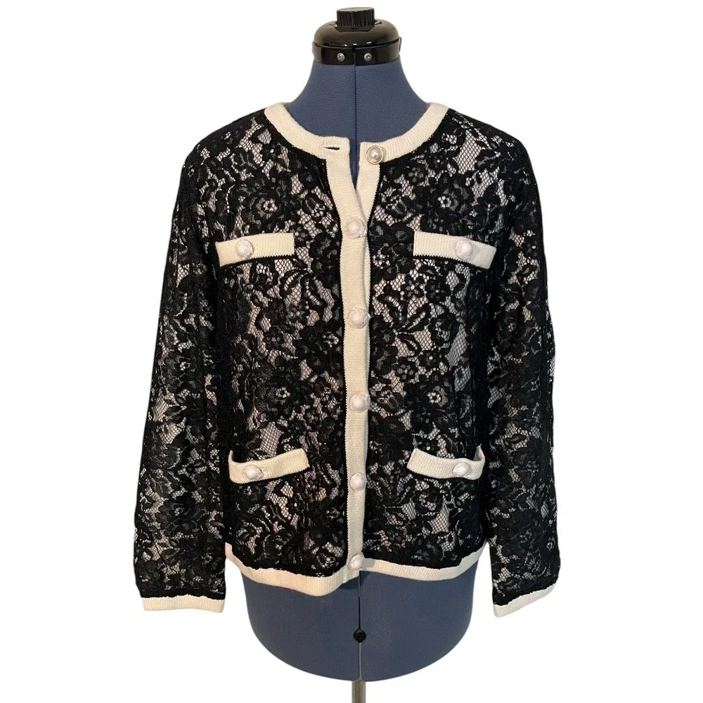 NWT‎ Talbots Black Lace Overlay Ivory Knit Pearl Button Cardigan Old Money Lux S